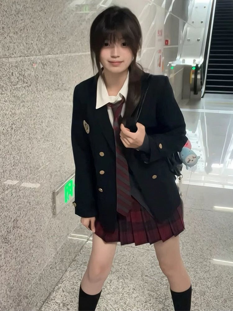 JK Dekoriert Blazer Blau Preppy Stil Abzeichen Uniform Dunkel