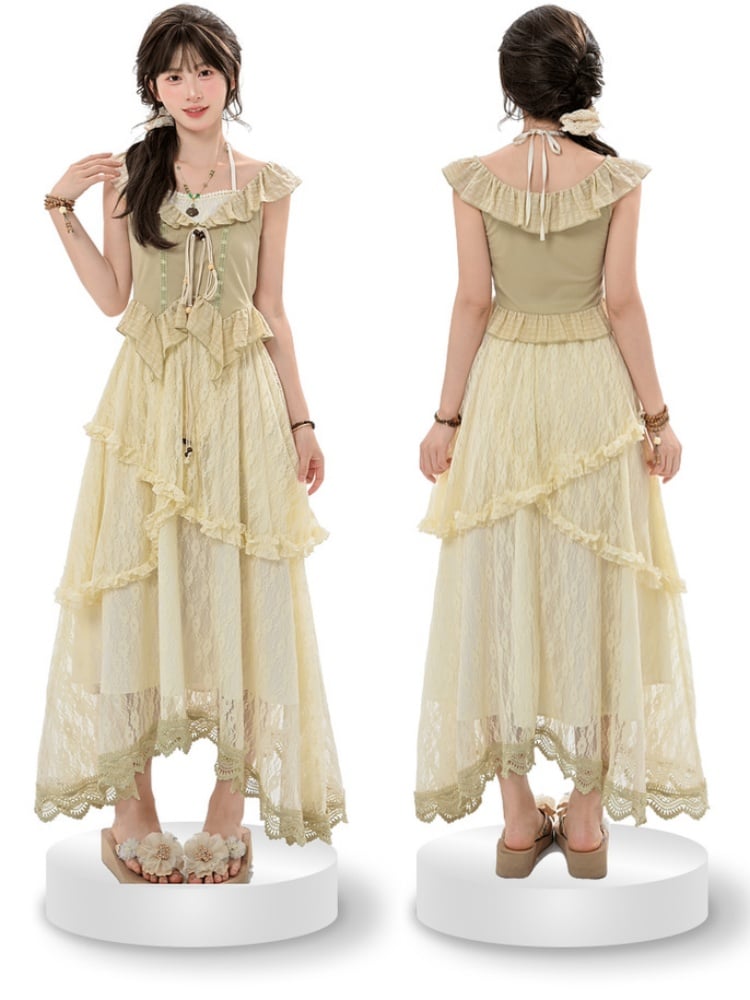 フラッタースリーブ、セルフタイビーズストラップ、ライトヘム、カーブグリーンホルタートップ