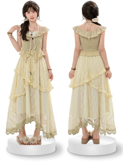 フラッタースリーブ、セルフタイビーズストラップ、ライトヘム、カーブグリーンホルタートップ