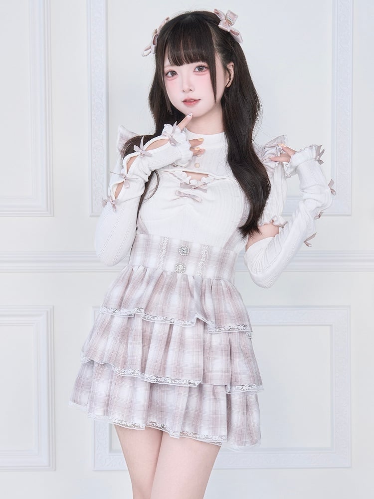 Warmers Knitted Matching Top Pink Kei Jirai Hem - White Lettuce Arm Sleeves