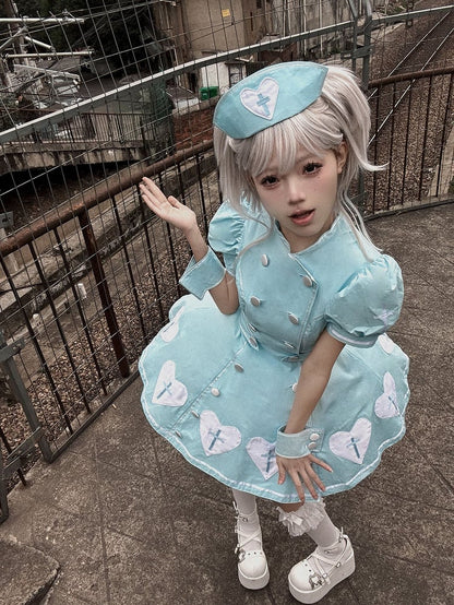 Heart Puff Patches Sleeves Lolita Blue White Dress Nurse Cross