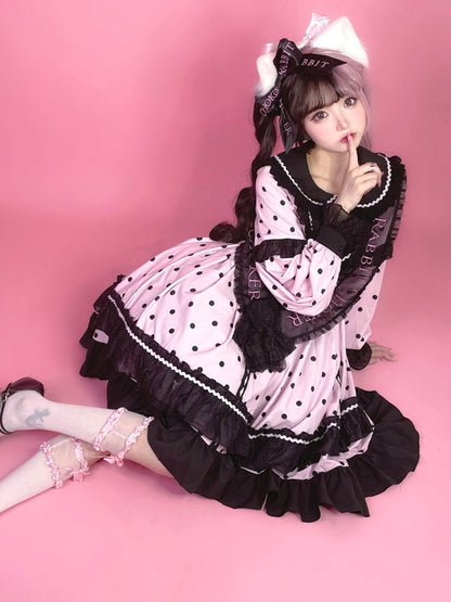 Lolita Dot Cute Long with Black Ruffle Sleeve Polka Dress Pink Details OP