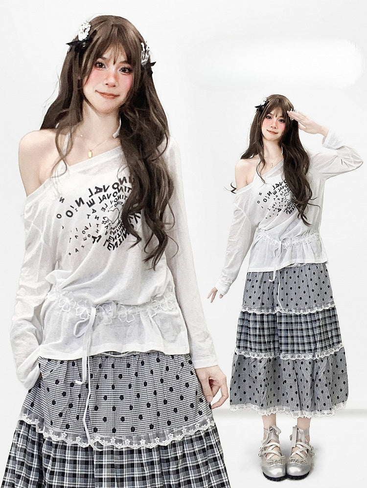 レターとビタースイートプリントのホワイトヘアネックラインアシンメトリー