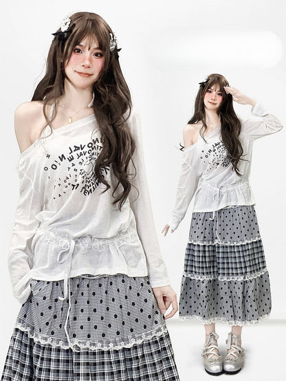 レターとビタースイートプリントのホワイトヘアネックラインアシンメトリー