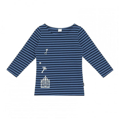 Navy Blue Striped Wide Round Neck Long Sleeve T-shirt with Key and Iron Gate Print - innomoood