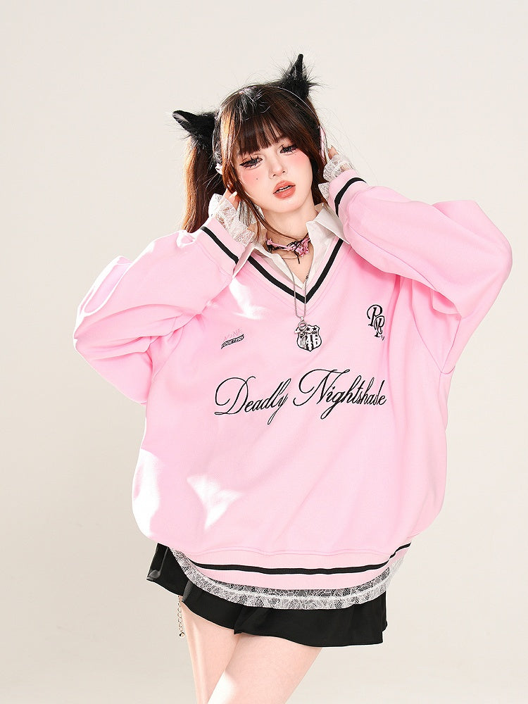 Aprikose/Pink Polokragen Buchstabenstickerei Frühlings-Sweatshirt Kunst-Zweiteiler