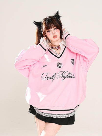 Aprikose/Pink Polokragen Buchstabenstickerei Frühlings-Sweatshirt Kunst-Zweiteiler