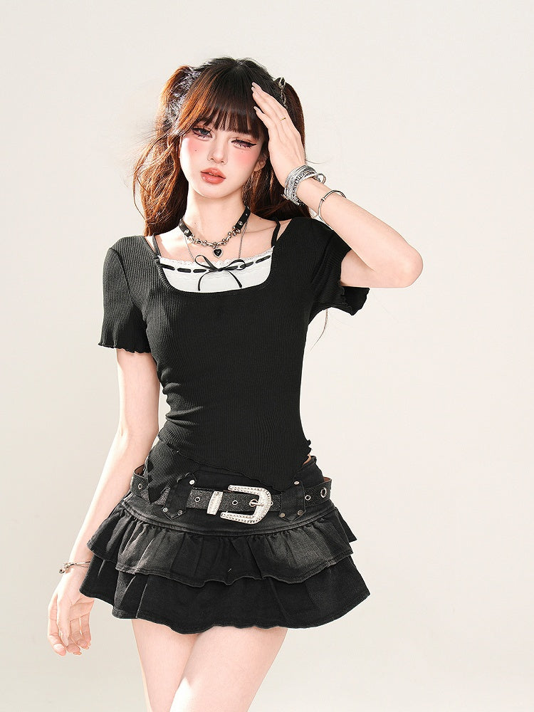 フェイクツーピースネックライン、カーブヘム、ブラックオフショルダーグラマラスTシャツ