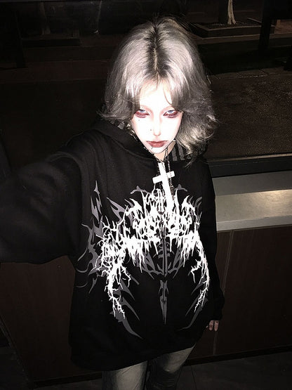 Print Fantasy Dark Black/White Gothic with Striped-Lined Lightweight Hoodie