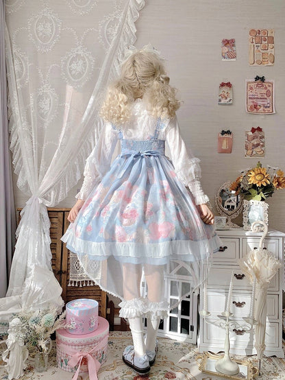 Lolita Blue Sheer Dusty Floral Tulle JSK Train Bunny with Dress Print