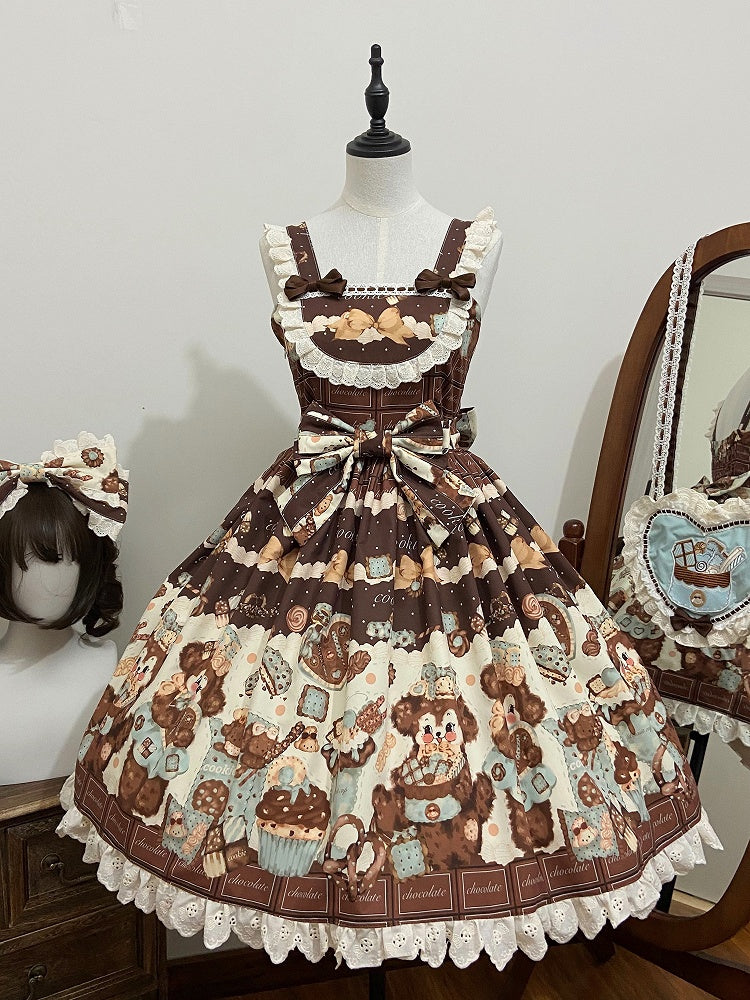 Brown Puppy Print Waist Lolita Fluffy and Cute Cookies High Jumper Sweet Skirt