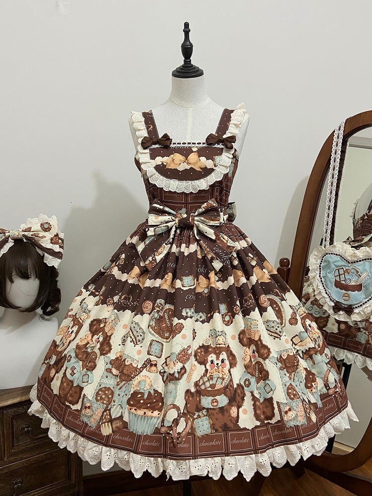 Cookies Lolita Waist Sweet Cute JSK Brown High and Fluffy Set Puppy Full Print