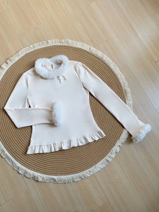 for Top Neckline Warm and Lolita Cuffs Beige Knit Plush Autumn/Winter