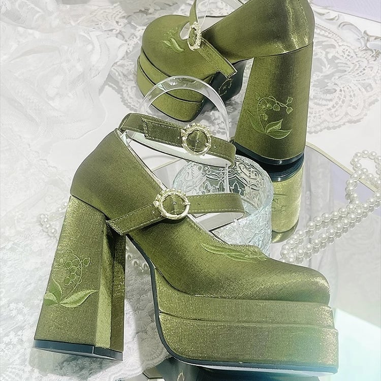 of Valley the Platform Janes Embroidery Lily Bowknot Detachable Green Heel Mary High Block