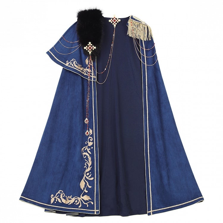 Goldenes Top + Ketten, lang, wunderschöner Stil, Prinzenärmel, blau mit Hose, königlich roter Umhang
