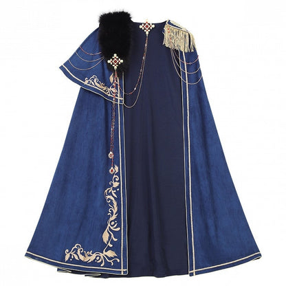 Golden Top + Chains Long Gorgeous Style Prince Sleeves Blue with Pants Royal Red Cape