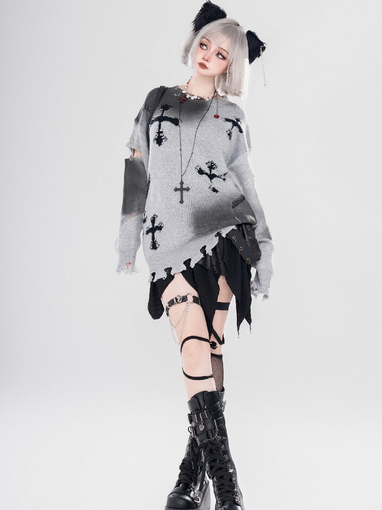 Y2K ブラック/グレー クロスシェイプ ダメージ加工 ホールズ ラウンドネック セーター