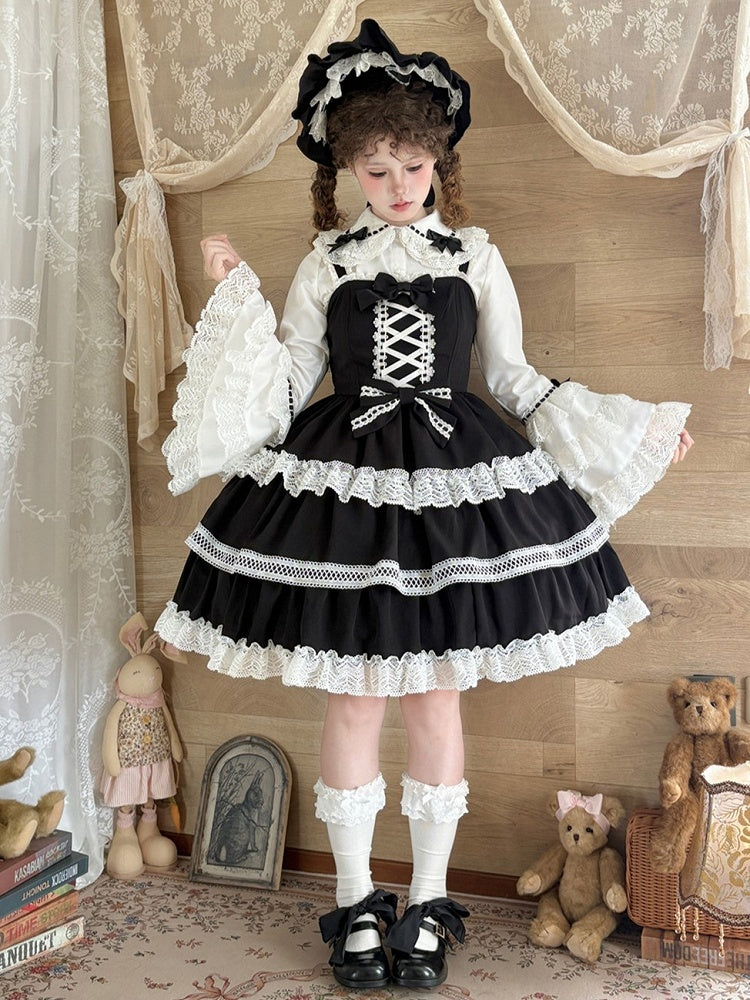 Black Tiered Old School Lolita JSK with Intricate Lace & Criss-Cross Bodice