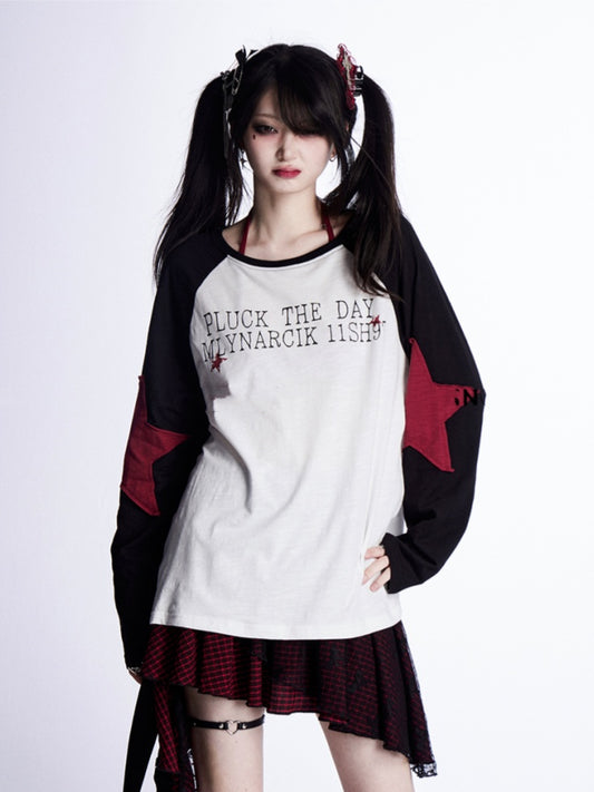 Lockere Oberteilärmel, schwarz-weißes Colorblock-Design, Sternapplikationen