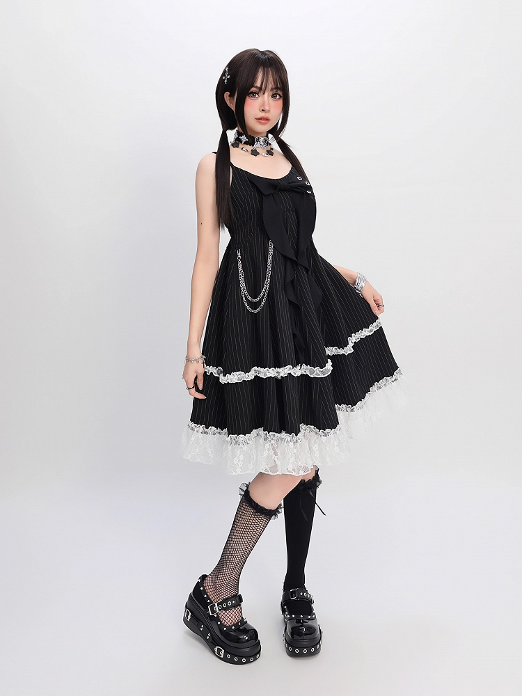 Skirt Cami Dress Big Bow Neckline Black with Striped Waist Detachable Chain Bubble