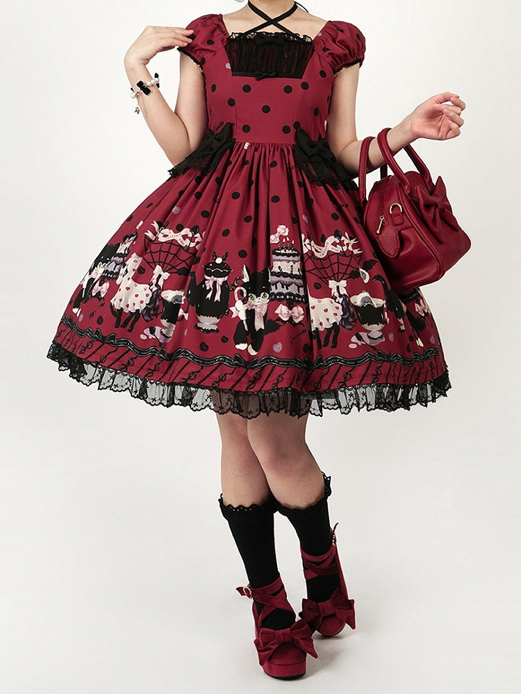 Bow Black Lolita Dot Print with Accents Cat Dress Red Polka Sweet
