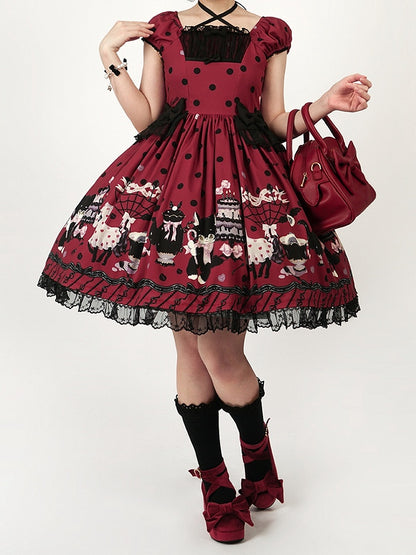 Bow Black Lolita Dot Print with Accents Cat Dress Red Polka Sweet