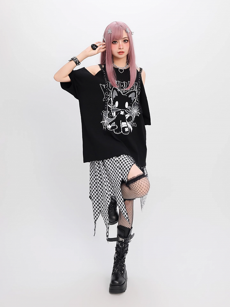 Loses T-Shirt mit Katzendruck Y2K Schwarz Cutout Schulter Bittersüß