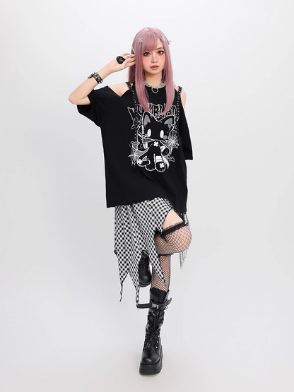 猫プリント ルーズTシャツ Y2K ブラック カットアウトショルダー ビタースイート