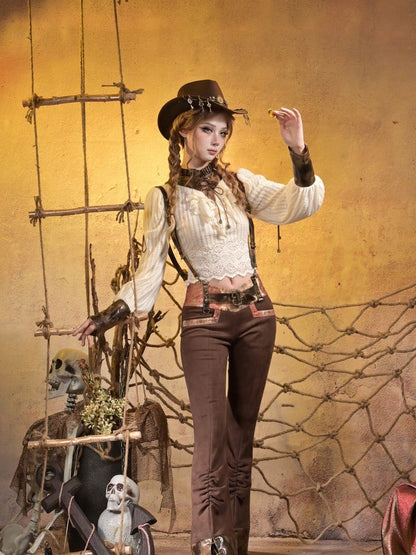 Top Knit PU Lacing Brown Steampunk Crisscross Collar + with White Cuffs