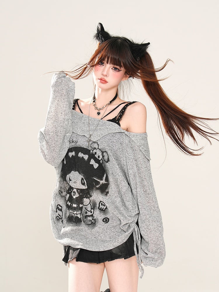 Rebellious Witch Schwarz/Weiß/Grau Ausschnitt Sonne Off-the-Shoulder Schutz Grafik Top