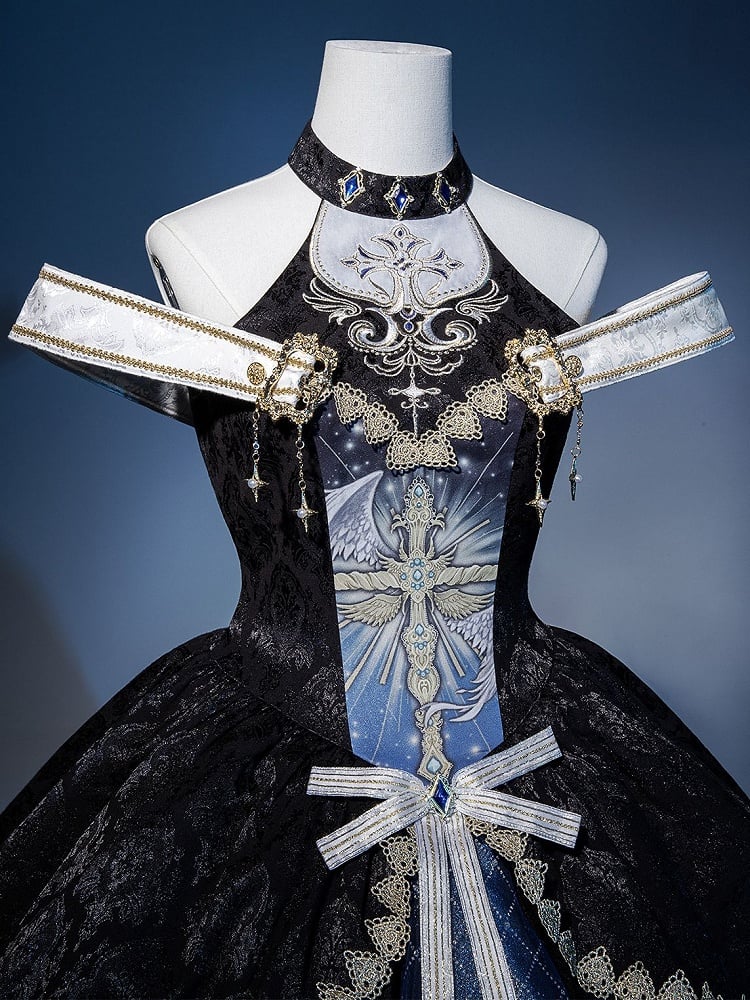 Skirt Gothic Design Cross Off-shoulder and Mock Front Print Jumper Cascading Neck Ruffles