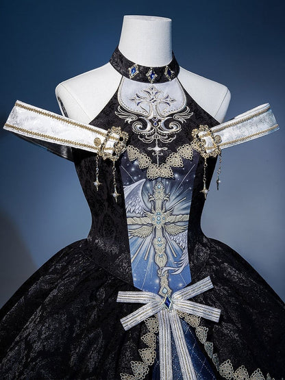 Skirt Gothic Design Cross Off-shoulder and Mock Front Print Jumper Cascading Neck Ruffles