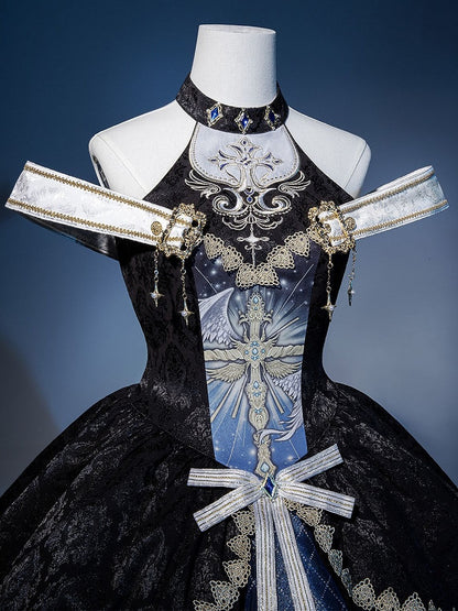 Skirt Cascading Front Design Ruffles Jumper Off-shoulder and Gothic Cross Neck Mock Print