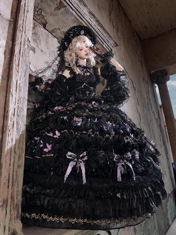 Floor-Length Black & Purple Hanayome Hime Dress with Butterfly and Flower Accents - Cat Fairy Lolita