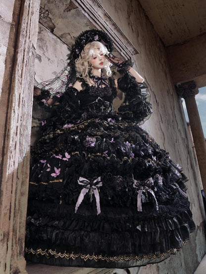 Floor-Length Black & Purple Hanayome Hime Dress with Butterfly and Flower Accents - Cat Fairy Lolita