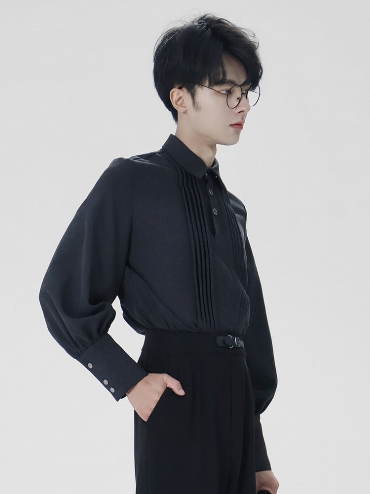 Front - Shirt Pleat Button Unisex Prince Sleeves Elegant Details Style Leg-of-Mutton with Black