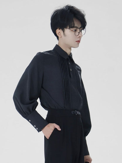 Front - Shirt Pleat Button Unisex Prince Sleeves Elegant Details Style Leg-of-Mutton with Black