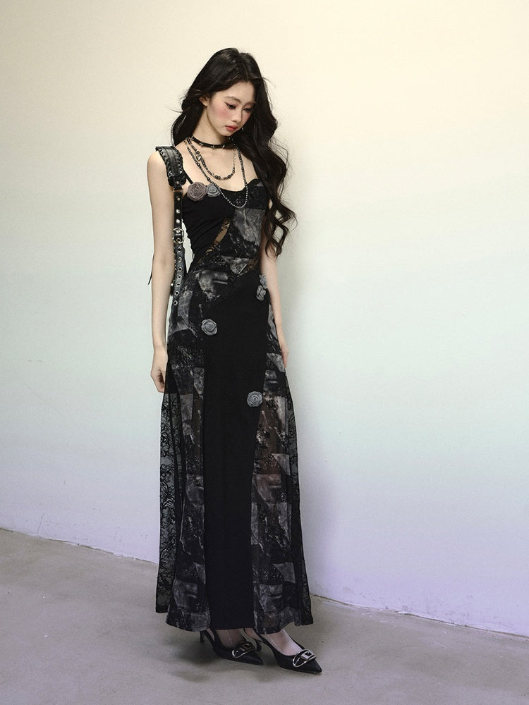 Black Floral Embellished Lace Patches Slim-fitting Cami Dress