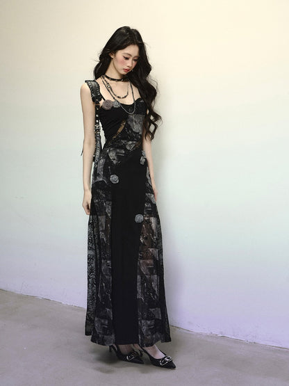 Black Floral Embellished Lace Patches Slim-fitting Cami Dress