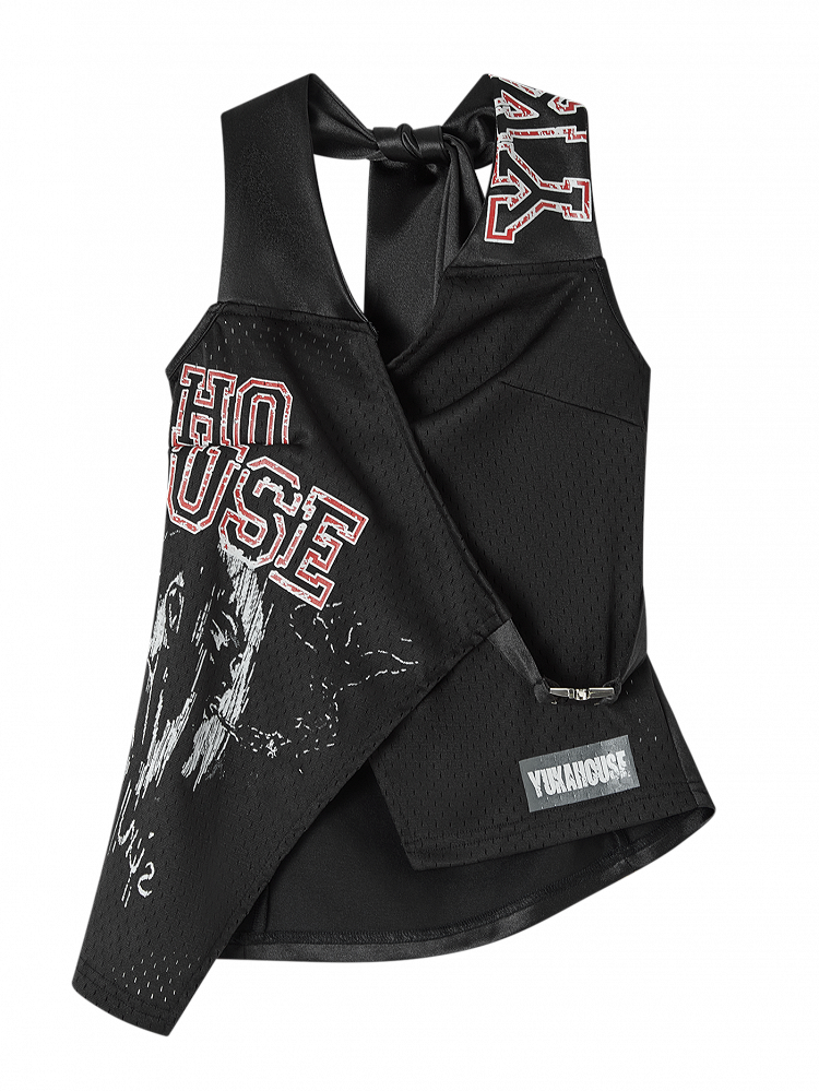 Tank with Letter Y2K Front Black Print Snap Punk Red Back Tie Top Halter