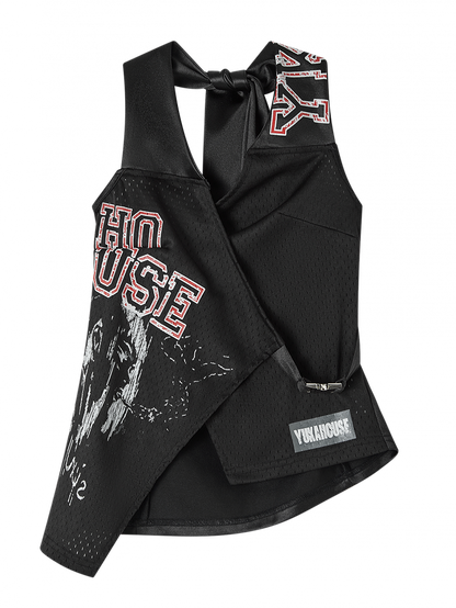 Tank with Letter Y2K Front Black Print Snap Punk Red Back Tie Top Halter