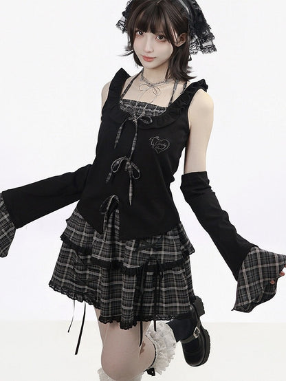 Black Fake Two-Piece Halter Top with Plaid Ties - PINK SAVIOR