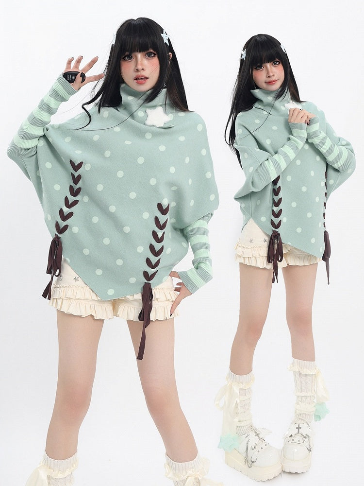 Mint Green Y2K Turtleneck Sweater with Polka Dots, Pointed Hem & Lace-Up - Catwish