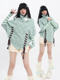 Mint Green Y2K Turtleneck Sweater with Polka Dots, Pointed Hem & Lace-Up - Catwish