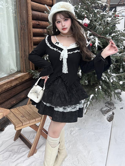 Plus Size Schwarzes Fake-Zweiteiler-Oberteil mit Rüschenbesatz und V-Ausschnitt und langen Ärmeln