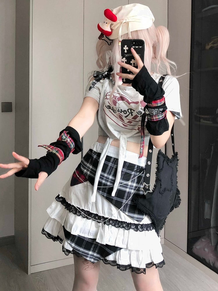 スカート ティアード ジライ チェック柄 ケイ トリム レース アイドル ホワイト