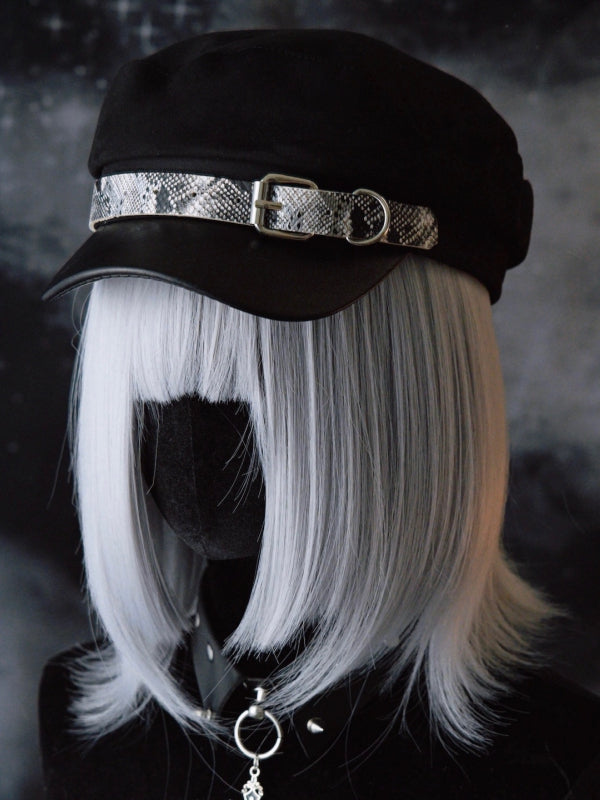 Beret Hat Snakeskin Design Buckle Pattern Black Gothic