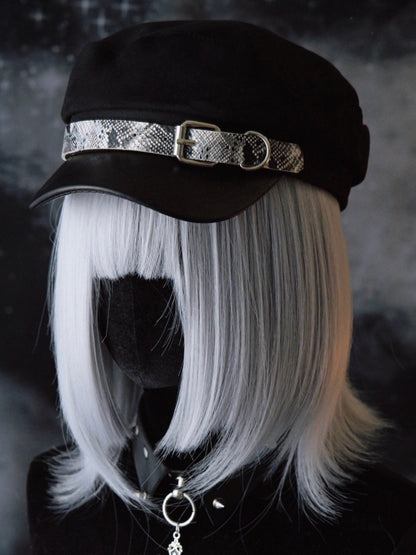 Beret Hat Snakeskin Design Buckle Pattern Black Gothic