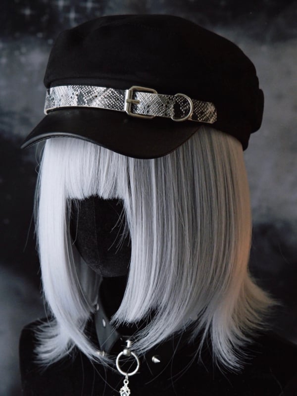 Buckle Gothic Pattern Design Black Snakeskin Beret Hat