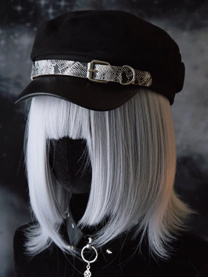 Buckle Gothic Pattern Design Black Snakeskin Beret Hat